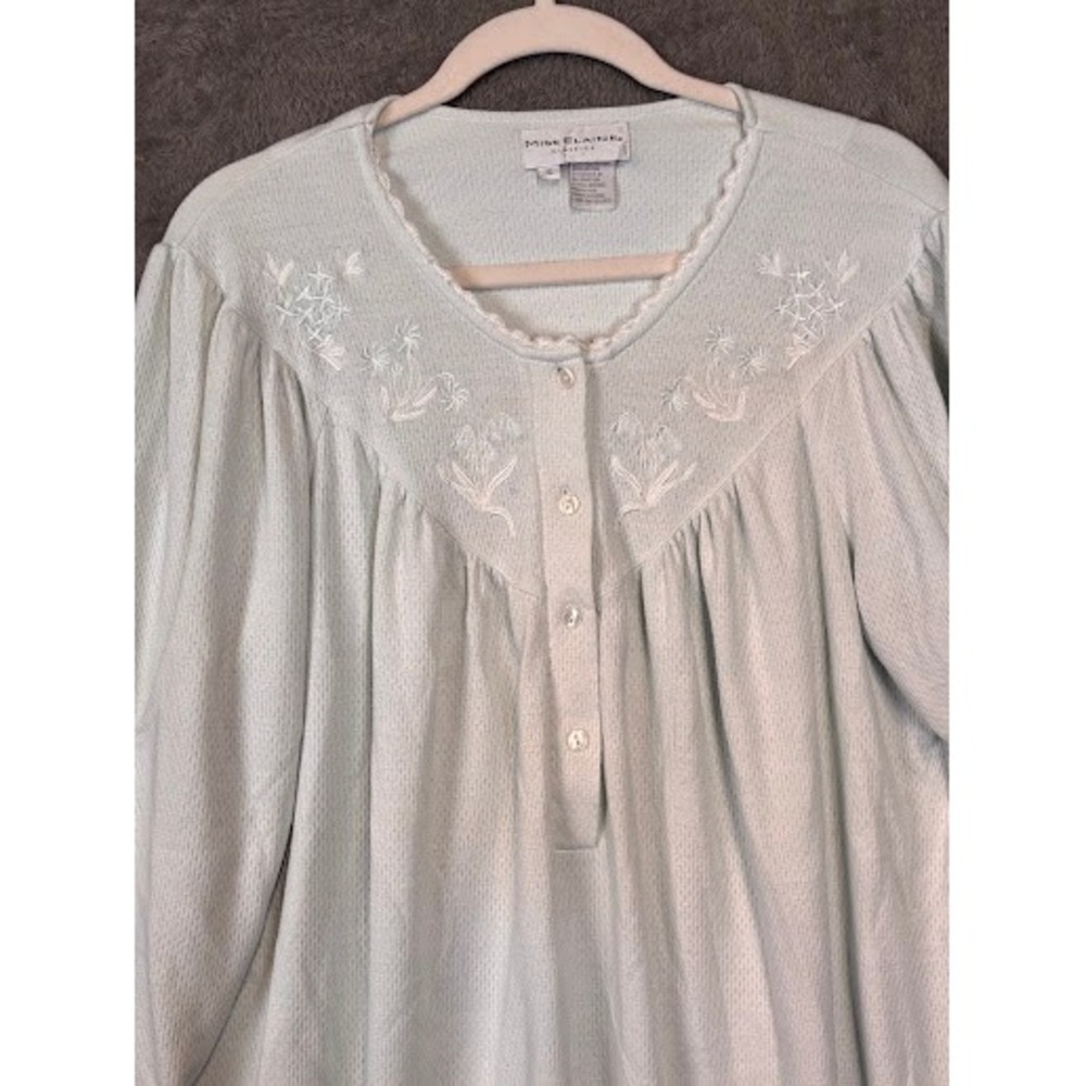 Miss Elaine Classics Mint Green Waffle Knit Floral Embroider 4 Button Nightgown - Picture 2 of 7